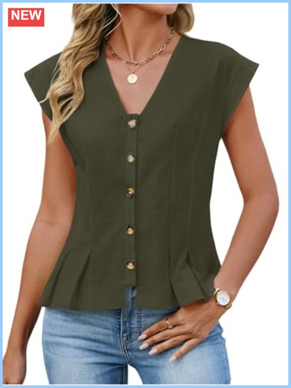 Women's V-Neck Crop Tank Top Cap Sleeve Button Down Cotton Shirt